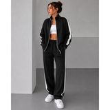 Trend Cojans Scuba Kumaş Oversize Şerit Detaylı Fermuarlı Alt Üst Eşofman Takımı - Siyah - XL