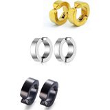 Trend Collection 3 Çift Sıkıştırmalı Deliksiz Halka Unisex Çelik Küpe Gold Siyah Gümüş Set - Altın