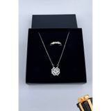 Trend Collection Kadın Paslanmaz Çelik Gümüş Zirkon Taşlı Yonca Kalp Kolye Yüzük Set (Hediyelik)