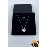 Trend Collection Kadın Paslanmaz Çelik Gümüş Zirkon Taşlı Yonca Kolye ve Kalp Yüzük Set (Hediyelik) - Standart - Beyaz - Gri