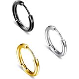 Trend Collection Unisex Cerrahi Çelik Siyah Gümüş Renk 12 mm Klasik 3'lü Halka Küpe Seti - Renkli