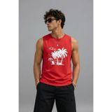 TREND EMMODA Erkek Yaz Temalı Palmiye ve Deniz Baskılı Sıfır Kol Yuvarlak Bisiklet Yaka Kırmızı Tişört / Tshirt