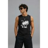 TREND EMMODA Erkek Yaz Temalı Palmiye ve Deniz Baskılı Sıfır Kol Yuvarlak Bisiklet Yaka Siyah Tişört / Tshirt