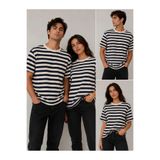 TREND EMMODA Sevgili Kombini Bisiklet Yaka Basic Waffle Kısa Kollu Lacivert ve Ekru Çizgili T-Shirt 2'li Ürün