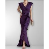 Trend Esinty Kadın Krep Yaka Eteği Volanlı Abiye Elbise (Renkli) - Mor - 2XL