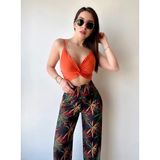 Trend Esinty Kadın Mikro Kumaş Çapraz Büzgülü Crop Yüksek Bel Bol Paça Pantolon Takım (Renk Seçenekli) - Turuncu