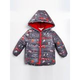 Trend İtfaiye Desenli Fermuar İçi Polar Astarlı Kapüşonlu Kışlık İçi Peluş Erkek Bebek Mont Şişme Füme 1 YAŞ