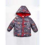 Trend İtfaiye Desenli Fermuar İçi Polar Astarlı Kapüşonlu Kışlık İçi Peluş Erkek Bebek Mont Şişme