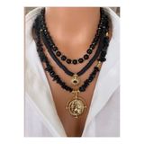 Trend Jewellery ÜÇ KOLYELİ SET Altın Kaplama Doğal Taş Siyah Oniks Altın Kaplama Antik Kolye Ucu Tasarım Kadın Kolye Hediye Kutusunda
