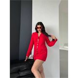 Trend Kadın Gold Çıt Çıt Detaylı Tasarım Uzun Blazer Ceket - Kırmızı - XL