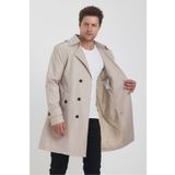 TREND KOMBİN Erkek Taş Renk Uzun Kruvaze Yaka Kemer Detaylı Slim Fit Trençkot