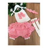 TREND NATURAL Kız Bebek 4 Parça Yazlık Takım Pamuklu Badi Fırfırlı Şort Etek Saç Bandı ve Çorap Pembe Kırmızı Mavi
