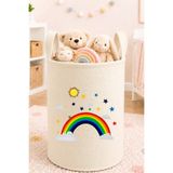 Trend Sizde Gökkuşağı Yıldız Baskılı Oyuncak Sepeti 50x40 cm Bebek ve Çocuk Odası Krem Keçe Düzenleyici Sepet