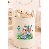Trend Sizde Mavi Kurdeleli Kız Baskılı Oyuncak Sepeti 50x40 cm Bebek ve Çocuk Odası Krem Keçe Düzenleyici Sepet