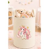 Trend Sizde Unicorn Gökkuşağı Baskılı Oyuncak Sepeti Bebek ve Çocuk Odası Krem Keçe Düzenleyici Sepet