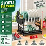 Trend Store 2 Katlı Tezgah Üstü Tepsili Bulaşıklık Tabaklık Kurutmalık Bardaklık Çatal Kaşık Bıçaklık Mutfak Organizeri - Beyaz - Siyah