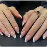 Trend Vitrin French Desenli Nail Art Oval Badem Kadın Takma Tırnak Protez Tırnak Set Yapıştırıcı Ve 1 Adet Törpü Hediyeli