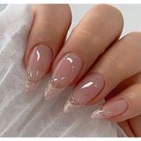 Trend Vitrin Jel Tırnak Görünümlü Altın Desenli Nail Art Oval Badem Kadın Takma Tırnak Protez Tırnak Set Yapıştırıcı ve 1 Adet Törpü Hediyeli