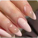 Trend Vitrin Kadın Jel Nail Art Baskılı Pembe Kalp French Design Badem Oval Takma Tırnak