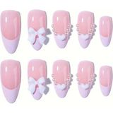 Trend Vitrin Kadın Pembe Oval Jel 3D Nail Art Baskılı Fiyonk Kabartmalı Design Takma Tırnak