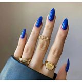 Trend Vitrin Lacivert Mavi Desenli Nail Art Oval Badem Kadın Takma Tırnak Protez Tırnak Set Yapıştırıcı Ve 1 Adet Törpü Hediyeli