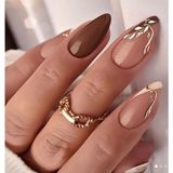 Trend Vitrin Oval Kahve Krem Çiçek Desenli Nail Art Oval Badem Kadın Takma Tırnak Protez Tırnak Set Yapıştırıcı ve 1 Adet Törpü Hediyeli