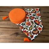 Trend Yuvam Çiçekli Şal Desenli Runner & Turuncu Düz Supla - 33 x 33 cm - Renkli
