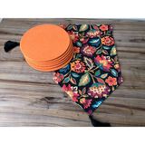 Trend Yuvam Çiçekli Şal Desenli Runner & Turuncu Supla - 33 x 33 cm - Renkli