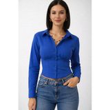 trendalisse Kadın Saks Mavi Vucuda oturan Beli Lastikli Korse Crop Gömlek