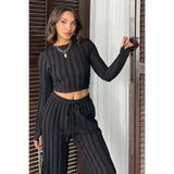 trendalisse Siyah Kışlık Premium Fitilli Parmak Geçmeli Crop Bluz Bol Paça Pantolon Takımı