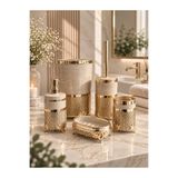 TrendBanyoMutfak Krem Metal Standlı Gold Banyo Seti – 5 Parça Lüks Banyo Aksesuar Seti / Wc Fırçalık, Sıvı - Katı Sabunluk, Çöp Kovası, Diş Fırçalık