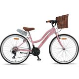 Trendbisiklet Retro Classic 26 Jant Bisiklet, Shimano 21 Vites, Hasır Sepetli Vintage Şehir Bisikleti - Pembe