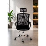 TRENDCORE Ergonomik Fileli Ofis Koltuğu Başlıklı Çalışma Sandalyesi Yönetici Koltuğu Siyah Krom Ayaklı