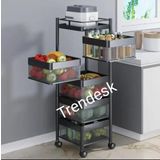 Trendesk 5 Katlı Luxx Mat Siyah Metal Patates Soğan Sebze Meyve Sepeti Sebzelik Tekerlekli