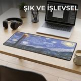 Trendexa Van Gogh Yıldızlı Gece Temalı Xl Mousepad | 70X30 cm Büyük Boy Masa Matı | Çift Dikişli Kenarlar, Kaymaz Taban, Oyuncu ve Ofis Kullanım, Fütüristik Yıldızlı Gece - 00-Siyah - Beyaz