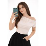 trendgar Bej Kadın Asimetrik Omuz Detay Kısa Kol Bluz
