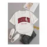 trendgar Kırmızı Brooklyn Baskılı Beyaz Oversize T-shirt