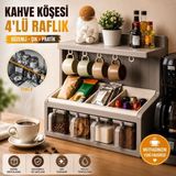 Trendhane 4’lü Kahve Köşesi Düzenleyici Raf – Kupa Askılı Çok Bölmeli Mutfak Tezgah Üstü Organizer, Kahve Kapsülü, Çay, Baharat ve Kavanoz Saklama Rafı