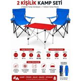 Trendinyeri 2 Sandalyeli Katlanır Kamp Seti Masa ve Sandalye Takımı - Mavi - Kırmızı