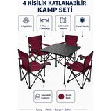 Trendinyeri 4 Kişilik Katlanır Kamp Masa Sandalye Seti – Piknik, Bahçe ve Plaj Kullanımına Uygun - Bordo