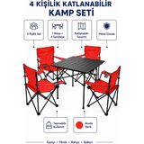 Trendinyeri 4 Kişilik Katlanır Kamp Masa Sandalye Seti – Piknik, Bahçe ve Plaj Kullanımına Uygun - Kırmızı