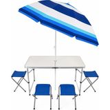 Trendinyeri 4 Tabureli Katlanır Kamp Masa Seti Şemsiyeli 6 Parça - Mavi - Beyaz - 120 x 60