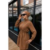 trendlina Camel Beli Ayarlanabilir Lastikli Su Itici Kumaştan 3'lü Tam Kapalı Tesettür Mayo Hijab Burkini