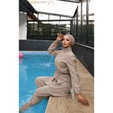 trendlina Vizon Beli Ayarlanabilir Lastikli Su Itici Kumaştan 3'lü Tam Kapalı Tesettür Mayo Hijab Burkini