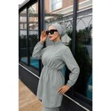 trendlina Yeşil Beli Ayarlanabilir Lastikli Su Itici Kumaştan 3'lü Tam Kapalı Tesettür Mayo Hijab Burkini