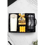 Trendmiya 350 Ml Kilitli Beyaz Termos & French Press & Godiva Napoliten Çikolata & Turuncu Mum Hediye Seti