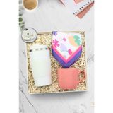 Trendmiya 500 Ml Çelik Termos & Beyaz Çiçekli Fular & Pembe Kupa Hediye Seti
