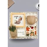 Trendmiya Ahşap Görünüm 13x13 cm Paspartu Çerçeve & Sukulent & Porselen Kupa & Taş Bardak Altlığı Hediye Seti