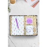 Trendmiya Beyaz Çiçekli Defter & Gümüş Renk Detaylı Mor Tükenmez Kalem & Kelebek Kupa & Lotus Mum Hediye Seti