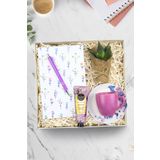 Trendmiya Beyaz Çiçekli Defter & Mor Tükenmez Kalem & Mor Kahve Fincan & Canlı Sukulent & El Kremi Hediye Seti